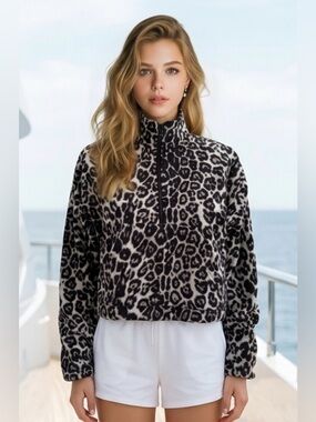 TNA Black & White Leopard Half-Zip Teddy Jacket